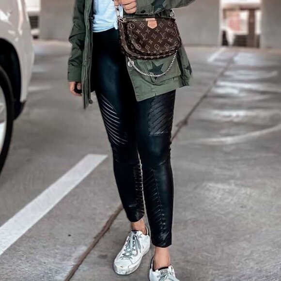 SPANX MOTO LEGGINS FAUX LEATHER HIGH WAIST SZ S PERFECT SHAPE BIKER GOTH CORE - Picture 4 of 16